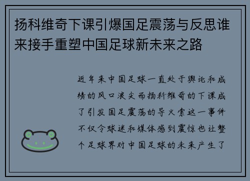 扬科维奇下课引爆国足震荡与反思谁来接手重塑中国足球新未来之路